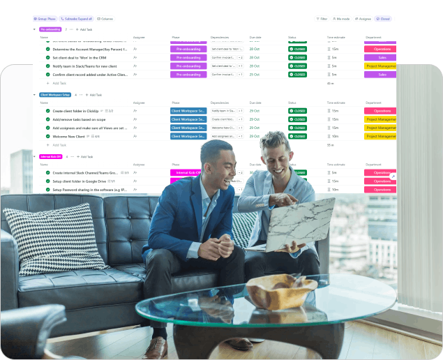 Two professionals discussing a project plan with a laptop, overlayed with a ClickUp task management service interface showcasing organized workflows and tasks.