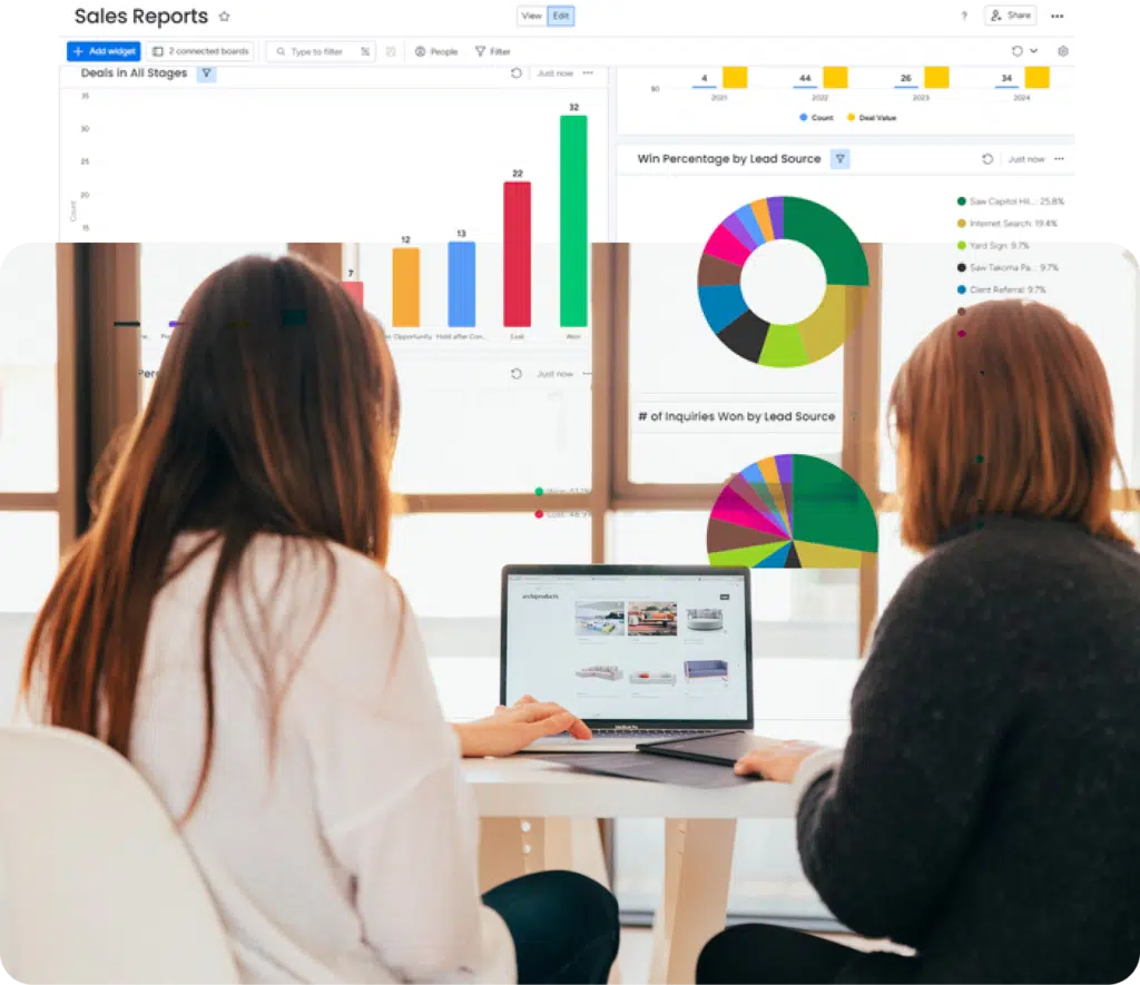 Two consultants analyzing sales reports and lead data on a laptop, overlayed with a Monday.com dashboard showcasing charts and analytics for efficient management, highlighting Monday consultant services